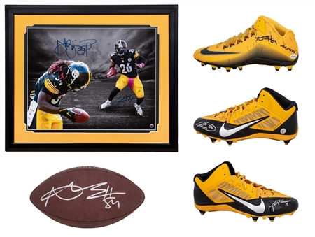 Lot of (5) Hines Ward, James Harrison, and Antonio Brown Single Signed Cleats, Antonio Brown Signed Football, and LeVeon Bell & DeAngelo Williams Signed and Framed to 26.5x23" Photo (JSA Auction LOA)